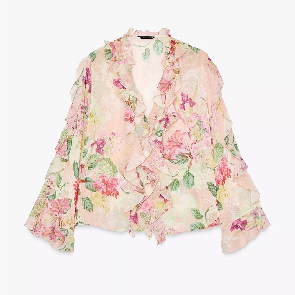 Zara Floral Print Ruffle Shirt Blouse Pink Yellow Floral Size S NEW